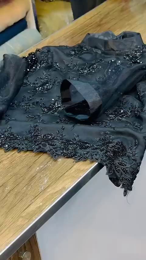 Women's Black Satin Silk Saree With Black Full Sleeves stitched Blouse - Image 3