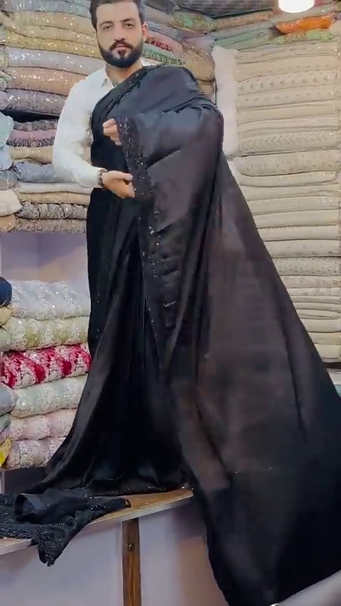 Women's Black Satin Silk Saree With Black Full Sleeves stitched Blouse - Image 4