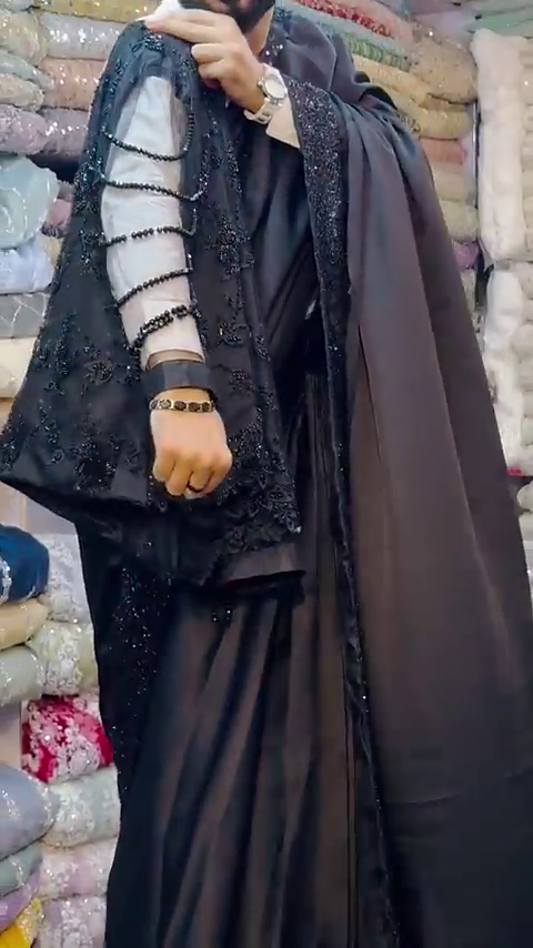 Women's Black Satin Silk Saree With Black Full Sleeves stitched Blouse - Image 2