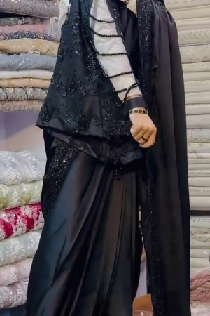 Women's Black Satin Silk Saree With Black Full Sleeves stitched Blouse