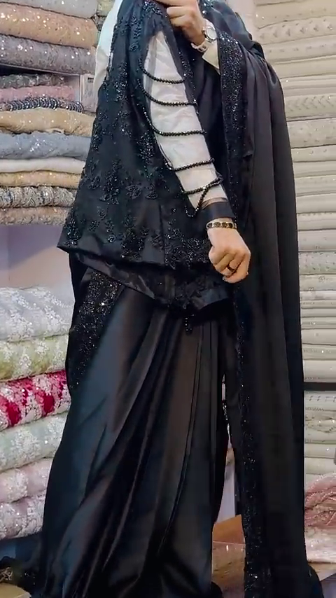 Women's Black Satin Silk Saree With Black Full Sleeves stitched Blouse