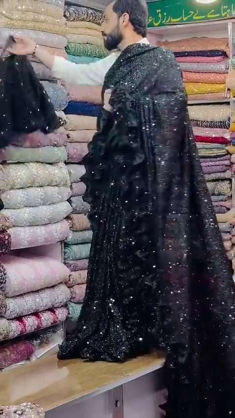 Black Georgette designer Saree with all over seqwance work and blouse - Image 2