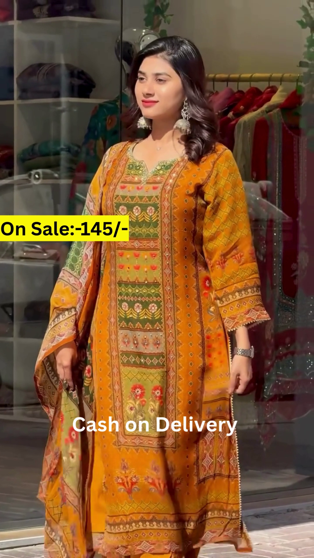 mustard and green ethnic printed suit with intricate embroidery and matching dupatta, perfect for festive and casual occasions - Image 3
