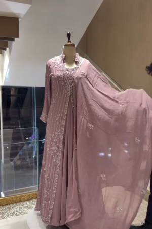 Dusty Mauve Embroidered Anarkali Suit Featuring Intricate Thread and Sequin Work on Front-Open Jacket Style Bodice, Flowing Inner Panel, and Matching Embellished Dupatta – A Regal Ensemble for Elegant Celebrations