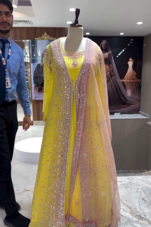 Designer Yellow Floor-Length Anarkali Gown with Heavy Stone and Sequin Embellished Net Overlay, Matching Dupatta, and Intricate Border Work – Perfect for Weddings, Receptions, and Festive Occasions