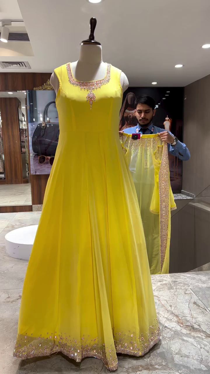 Designer Yellow Floor-Length Anarkali Gown with Heavy Stone and Sequin Embellished Net Overlay, Matching Dupatta, and Intricate Border Work – Perfect for Weddings, Receptions, and Festive Occasions - Image 2