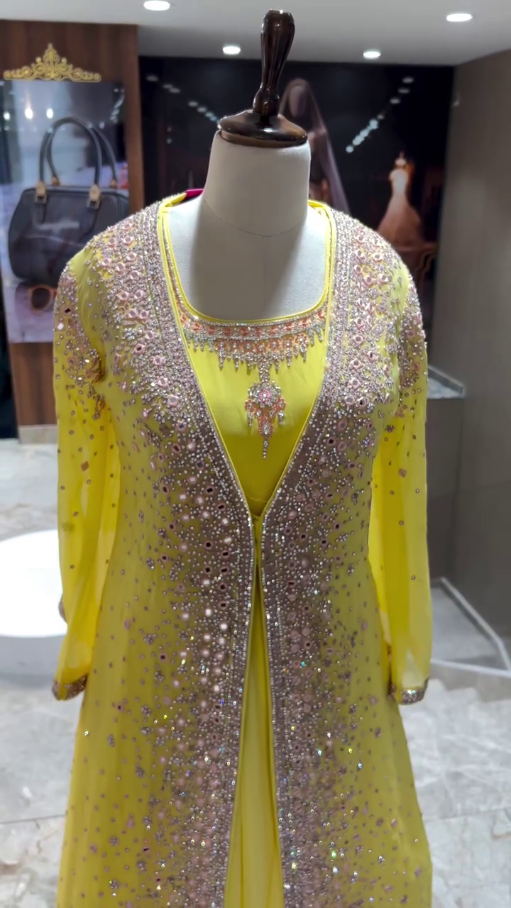 Designer Yellow Floor-Length Anarkali Gown with Heavy Stone and Sequin Embellished Net Overlay, Matching Dupatta, and Intricate Border Work – Perfect for Weddings, Receptions, and Festive Occasions - Image 3