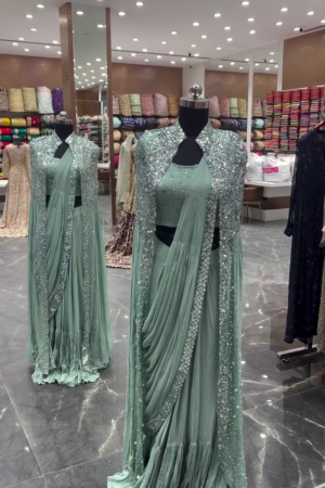 Designer Sage Green Ruffle Pre-Draped Saree with Sequins Embellished Cape and Matching Blouse for Party, Reception, and Cocktail Wear