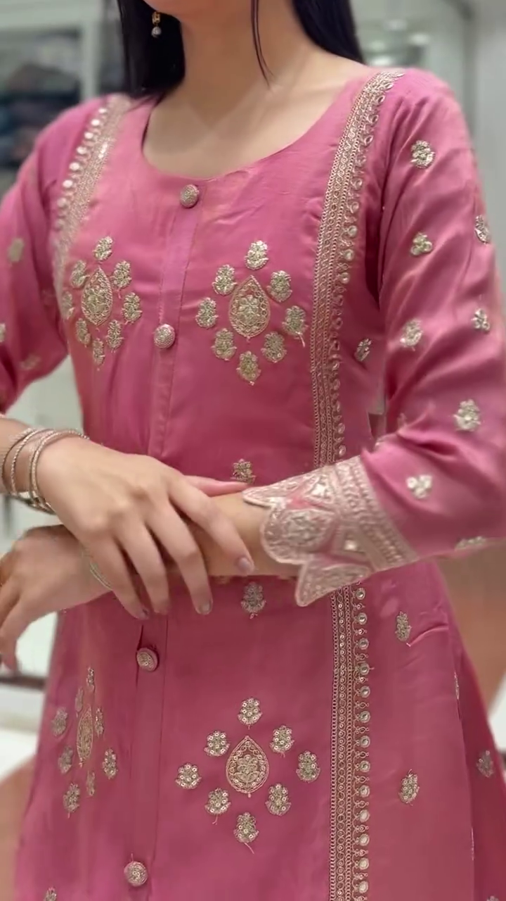 Buy new Pink Silk Anarkali Suit Featuring Intricate Zari Embroidery, Button Detailing, and Scalloped Lace Dupatta – Perfect for Weddings, Festive Celebrations, and Ethnic Gatherings - Image 4