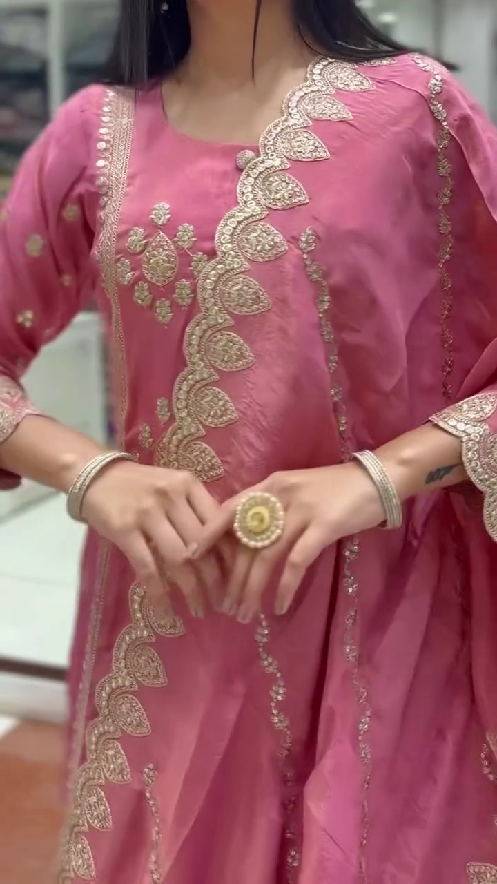 Buy new Pink Silk Anarkali Suit Featuring Intricate Zari Embroidery, Button Detailing, and Scalloped Lace Dupatta – Perfect for Weddings, Festive Celebrations, and Ethnic Gatherings - Image 2