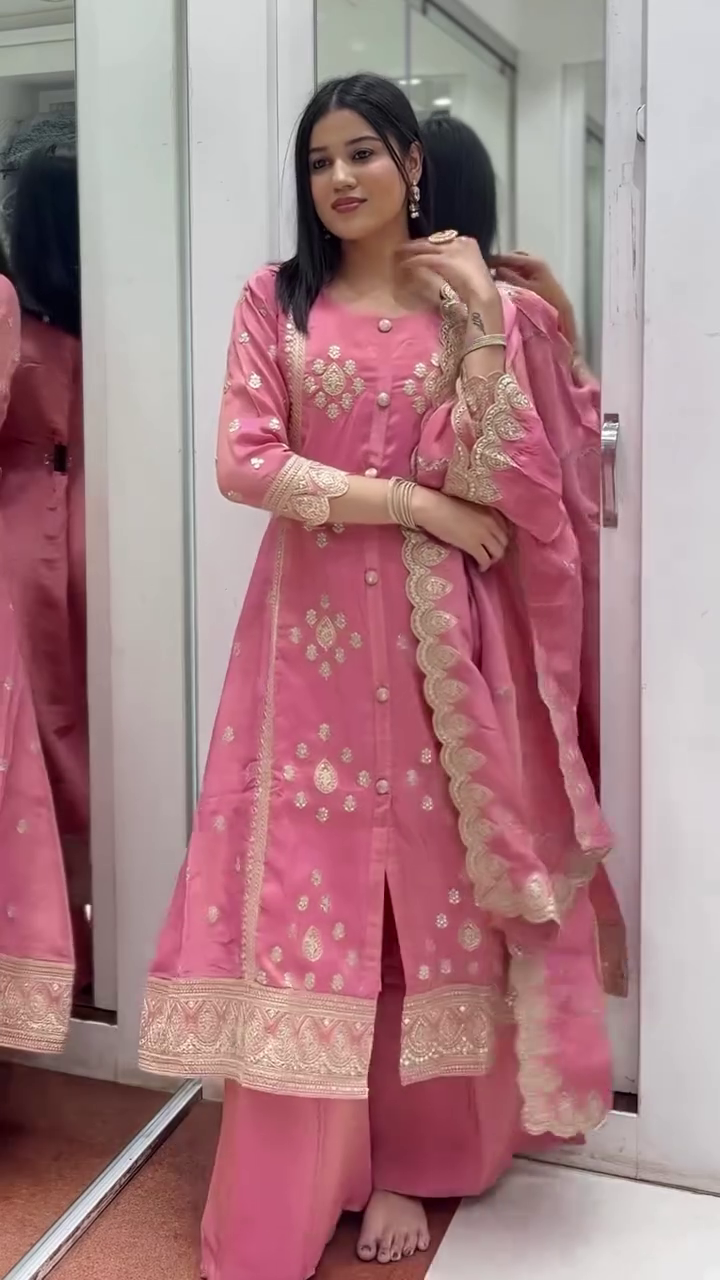 Buy new Pink Silk Anarkali Suit Featuring Intricate Zari Embroidery, Button Detailing, and Scalloped Lace Dupatta – Perfect for Weddings, Festive Celebrations, and Ethnic Gatherings - Image 3