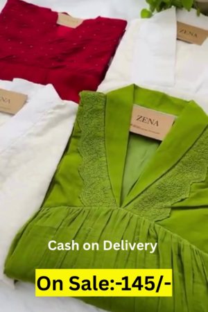 Soft-cotton pleated kurtis with delicate embroidered detailing, available in vibrant green, bold red, and classic white – perfect for everyday chic