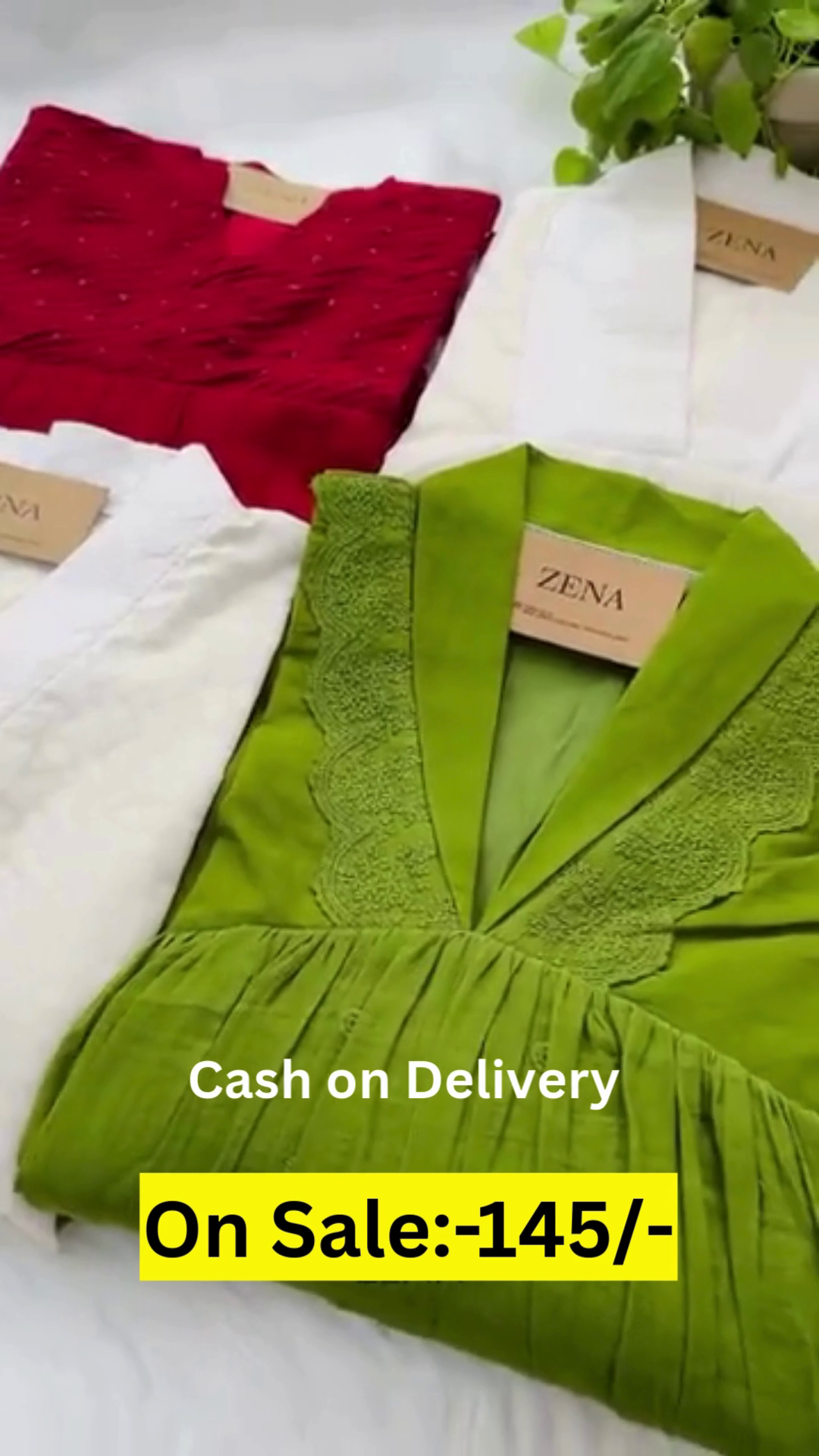 Soft-cotton pleated kurtis with delicate embroidered detailing, available in vibrant green, bold red, and classic white – perfect for everyday chic