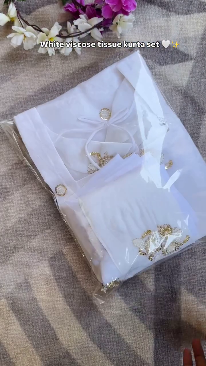 White Georgette Embroidered Straight-Cut Salwar Suit Set with Pearl and Floral Detailing, Matching Churidar Bottom and Dupatta – Perfect for Festive and Traditional Occasions