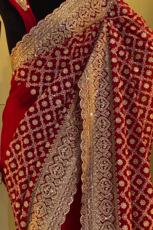 Maroon Designer Bridal Saree with Intricate Zari Embroidery, Heavy Stone and Sequin Work, Rich Embellished Border, and Matching Blouse – Perfect for Weddings, Receptions, and Festive Occasions