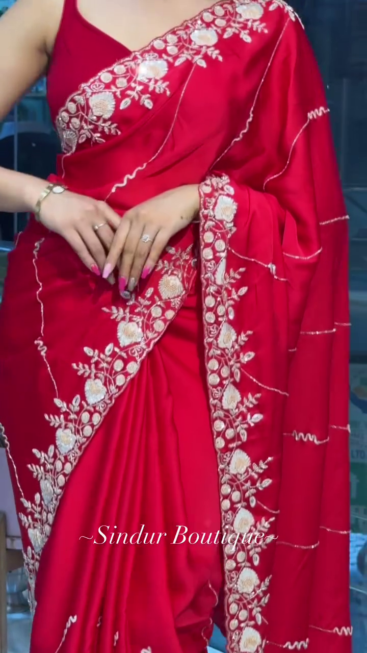 Graceful Designer Saree with Delicate Floral Embroidery, Elegant Scalloped Border, Subtle Sequin Detailing and Stylish Sleeveless Blouse – Perfect for Festive Events, Parties and Traditional Occasions - Image 2