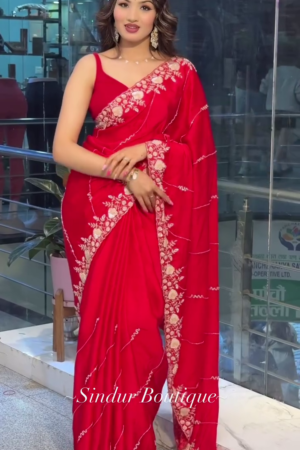 Graceful Designer Saree with Delicate Floral Embroidery, Elegant Scalloped Border, Subtle Sequin Detailing and Stylish Sleeveless Blouse – Perfect for Festive Events, Parties and Traditional Occasions