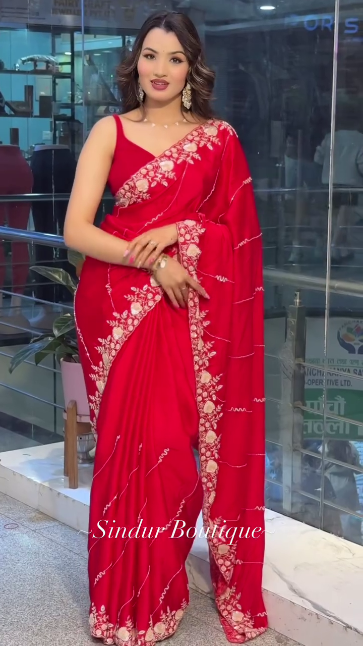 Graceful Designer Saree with Delicate Floral Embroidery, Elegant Scalloped Border, Subtle Sequin Detailing and Stylish Sleeveless Blouse – Perfect for Festive Events, Parties and Traditional Occasions