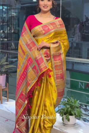 Traditional Banarasi Silk Saree with Rich Zari Weaving, Elegant Contrast Pallu, Tassel Detailing, and Festive Ethnic Design – Perfect for Weddings and Celebrations by Sindur Boutique