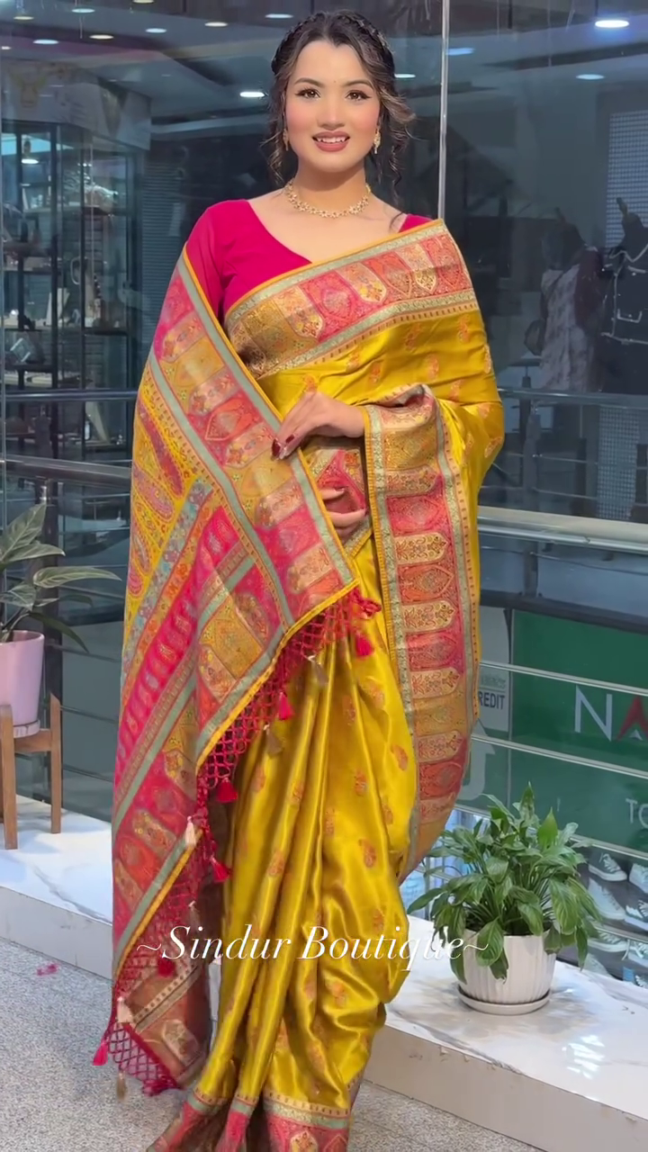 Traditional Banarasi Silk Saree with Rich Zari Weaving, Elegant Contrast Pallu, Tassel Detailing, and Festive Ethnic Design – Perfect for Weddings and Celebrations by Sindur Boutique