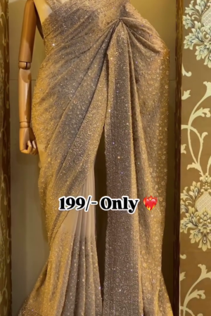 Golden Designer Sequin Embroidered Party Wear Saree with Matching Blouse Piece, Featuring Shimmer Detailing and Luxe Finish Perfect for Weddings, Receptions, and Festive Occasions