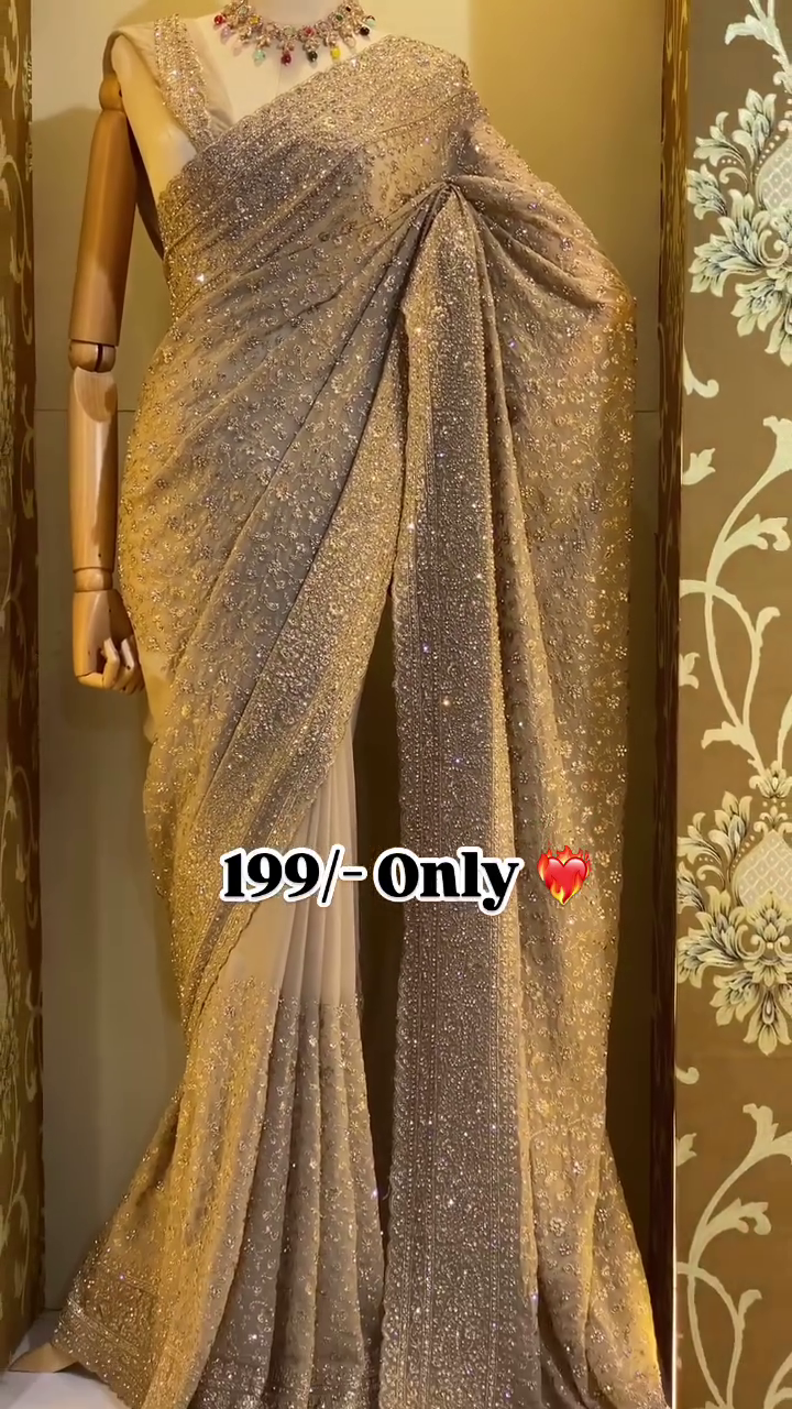 Golden Designer Sequin Embroidered Party Wear Saree with Matching Blouse Piece, Featuring Shimmer Detailing and Luxe Finish Perfect for Weddings, Receptions, and Festive Occasions