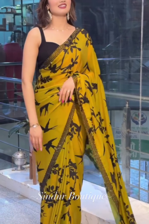 Designer Mustard Yellow Saree with Black Bird and Floral Print, Contrast Lace Border, and Matching Blouse – Perfect for Festive, Wedding, and Party Wear from Sindur Boutique