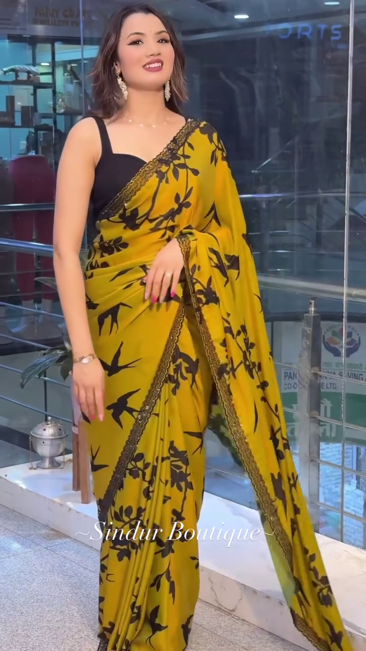Designer Mustard Yellow Saree with Black Bird and Floral Print, Contrast Lace Border, and Matching Blouse – Perfect for Festive, Wedding, and Party Wear from Sindur Boutique