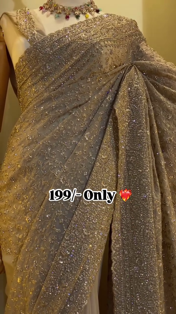 Golden Designer Sequin Embroidered Party Wear Saree with Matching Blouse Piece, Featuring Shimmer Detailing and Luxe Finish Perfect for Weddings, Receptions, and Festive Occasions - Image 3