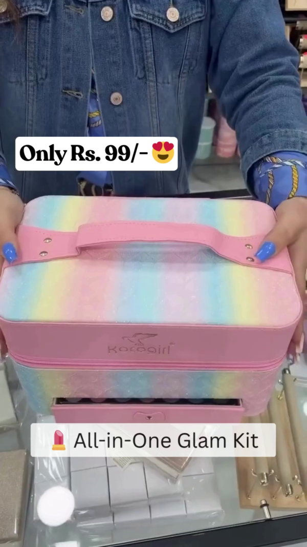 All-in-One Glam Makeup Kit with Built-in Mirror, Multi-Layer Cosmetic Organizer Box Featuring Eyeshadows, Blushes, Lip Colors, Highlighters, and Applicators in a Stylish Rainbow Travel Case