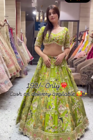 Lime Green Heavy Embroidered Bridal Lehenga Choli with Intricate Multi-Thread Work, Mirror Embellishments, Tassel Latkans, and Designer Blouse – Perfect for Weddings, Festive Occasions, and Traditional Celebrations