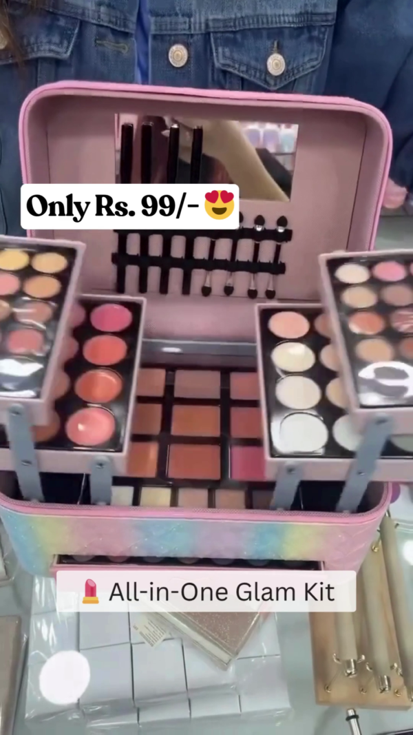 All-in-One Glam Makeup Kit with Built-in Mirror, Multi-Layer Cosmetic Organizer Box Featuring Eyeshadows, Blushes, Lip Colors, Highlighters, and Applicators in a Stylish Rainbow Travel Case - Image 3
