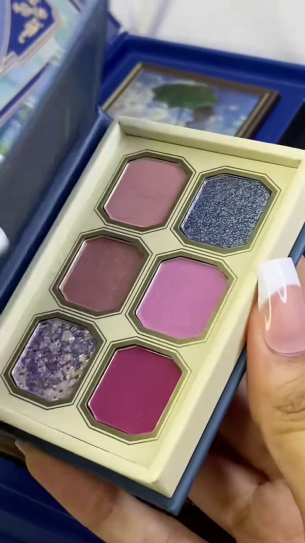 Monet-Inspired 6-Pan Eyeshadow Palette Featuring Soft Mattes, Rich Shimmers & Multichrome Glitters in Romantic Rosy and Cool-Toned Shades - Image 3
