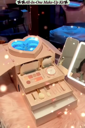 Luxury All-in-One Bridal Makeup Kit with LED Vanity Mirror – Complete Cosmetic Gift Set Featuring Eyeshadows, Blush, Lip Colors, Brushes, and Light-Up Heart Case – Perfect for Weddings, Special Occasions & Glam Touch-Ups