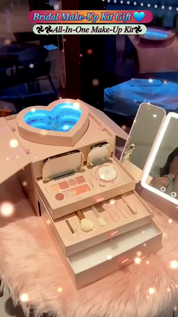Luxury All-in-One Bridal Makeup Kit with LED Vanity Mirror – Complete Cosmetic Gift Set Featuring Eyeshadows, Blush, Lip Colors, Brushes, and Light-Up Heart Case – Perfect for Weddings, Special Occasions & Glam Touch-Ups
