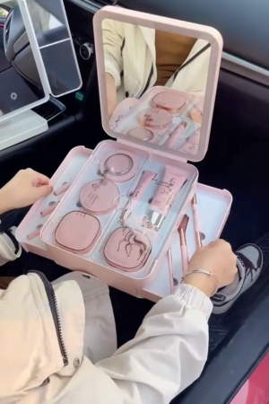 Luxury All-in-One Portable Makeup Kit with Built-In Mirror – Includes Foundation, Pressed Powder, Lipstick, Brushes, and Skincare Essentials in Elegant Pink Travel Case for On-the-Go Glamour and Daily Beauty Routines