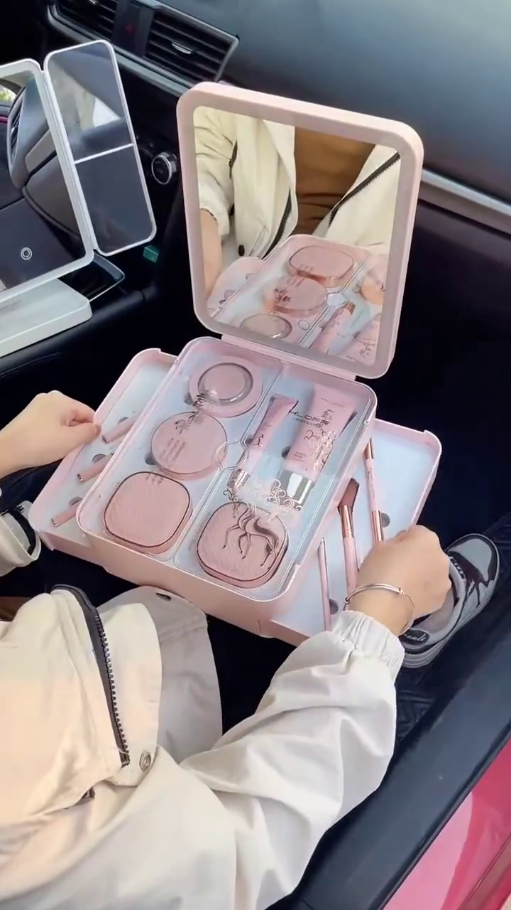 Luxury All-in-One Portable Makeup Kit with Built-In Mirror – Includes Foundation, Pressed Powder, Lipstick, Brushes, and Skincare Essentials in Elegant Pink Travel Case for On-the-Go Glamour and Daily Beauty Routines