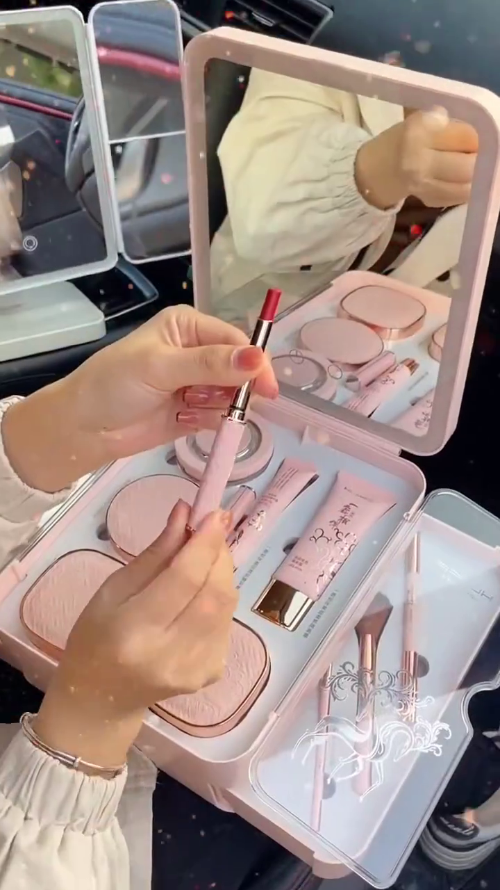 Luxury All-in-One Portable Makeup Kit with Built-In Mirror – Includes Foundation, Pressed Powder, Lipstick, Brushes, and Skincare Essentials in Elegant Pink Travel Case for On-the-Go Glamour and Daily Beauty Routines - Image 3