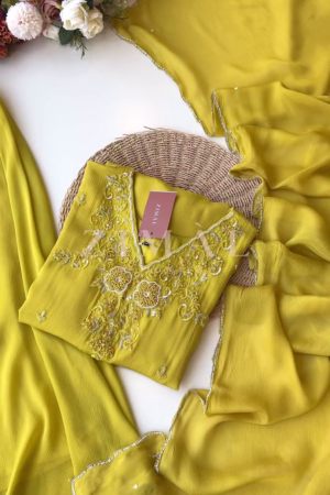 Bright Mustard Yellow Embroidered Suit in Flowing Chiffon with Handcrafted Floral Detailing, Scallop-Finished Edges, and a Graceful Matching Dupatta – An Effortless Blend of Traditional Craftsmanship and Modern Style