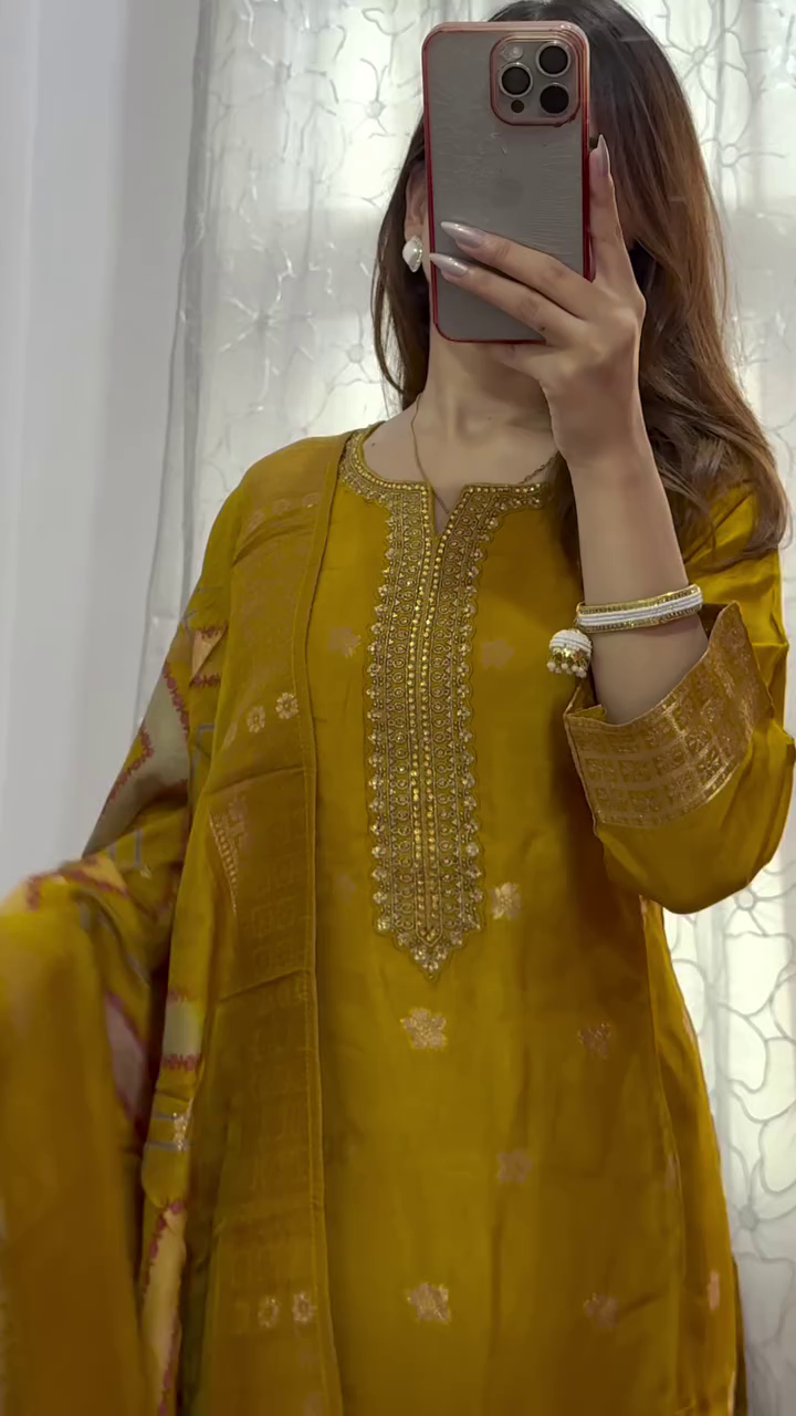 Mustard Yellow Embroidered Silk Suit Set with Zari Work, Intricate Neck Detailing, Jacquard Dupatta, and Tasseled Straight Pants – Festive and Ethnic Wear for Women