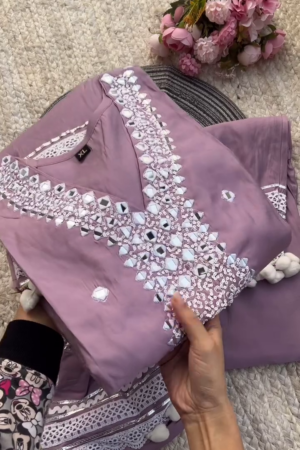 Mauve Mirror Work Kurta Set with Intricate Lace Detailing and Pom-Pom Accents – Festive and Ethnic Wear for Women