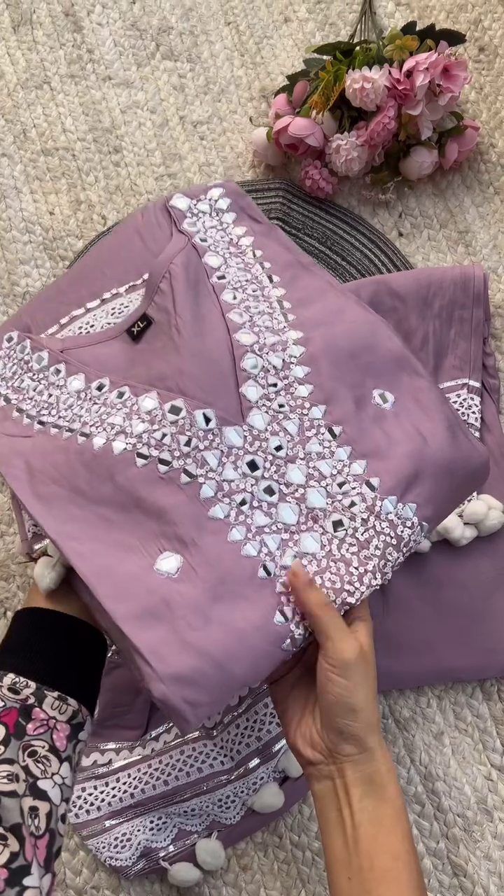Mauve Mirror Work Kurta Set with Intricate Lace Detailing and Pom-Pom Accents – Festive and Ethnic Wear for Women