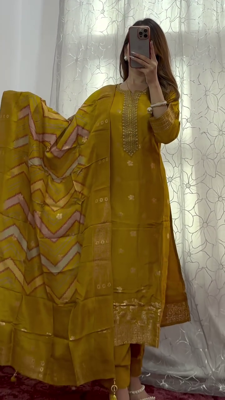 Mustard Yellow Embroidered Silk Suit Set with Zari Work, Intricate Neck Detailing, Jacquard Dupatta, and Tasseled Straight Pants – Festive and Ethnic Wear for Women - Image 2