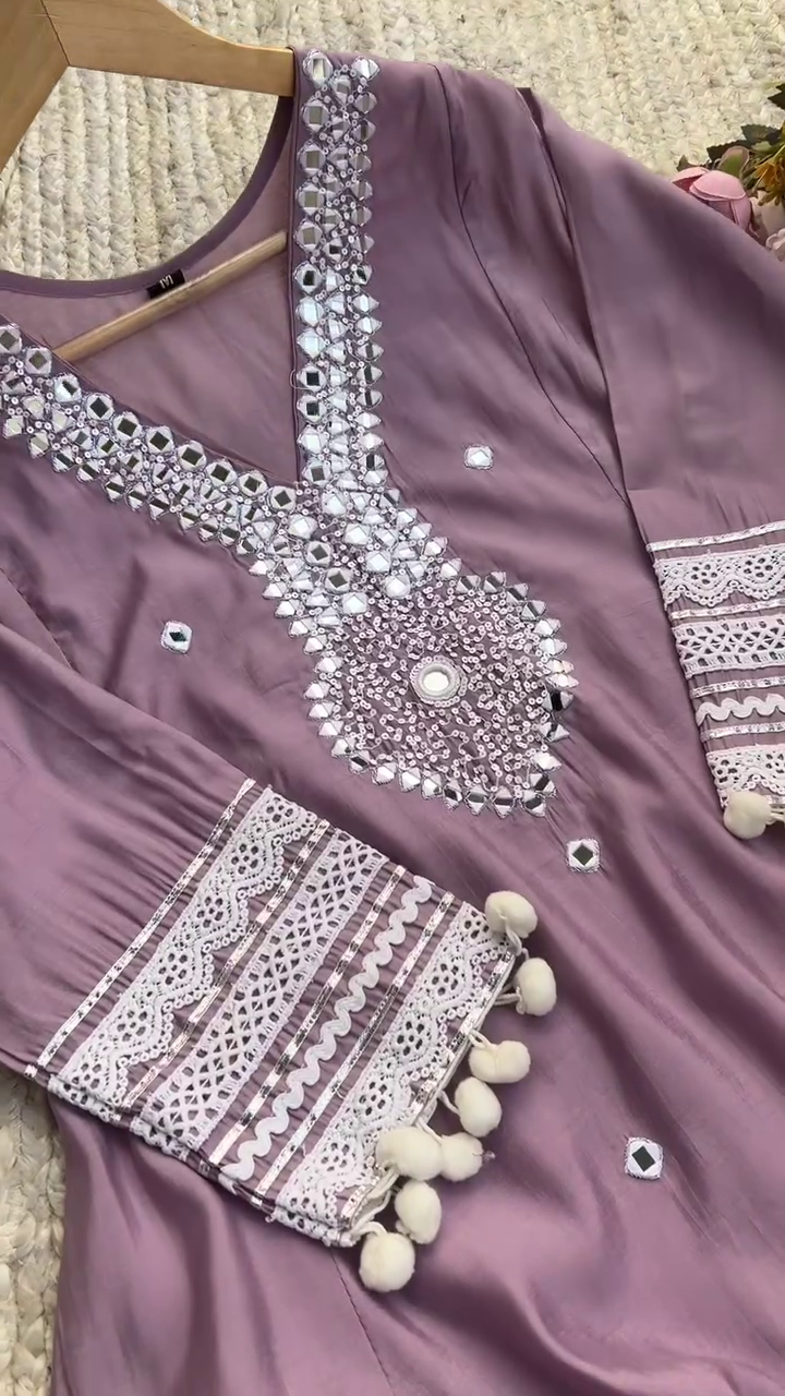 Mauve Mirror Work Kurta Set with Intricate Lace Detailing and Pom-Pom Accents – Festive and Ethnic Wear for Women - Image 4