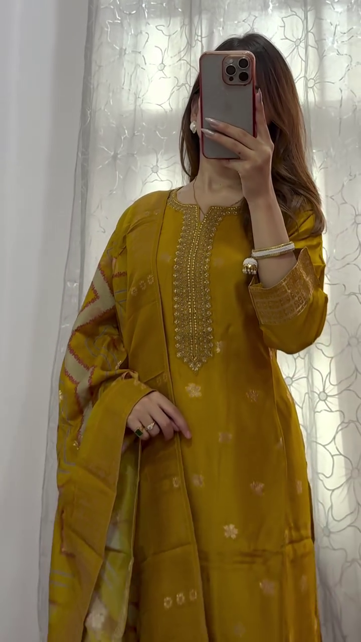 Mustard Yellow Embroidered Silk Suit Set with Zari Work, Intricate Neck Detailing, Jacquard Dupatta, and Tasseled Straight Pants – Festive and Ethnic Wear for Women - Image 3