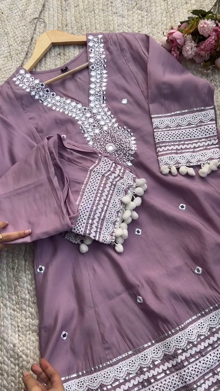 Mauve Mirror Work Kurta Set with Intricate Lace Detailing and Pom-Pom Accents – Festive and Ethnic Wear for Women - Image 3
