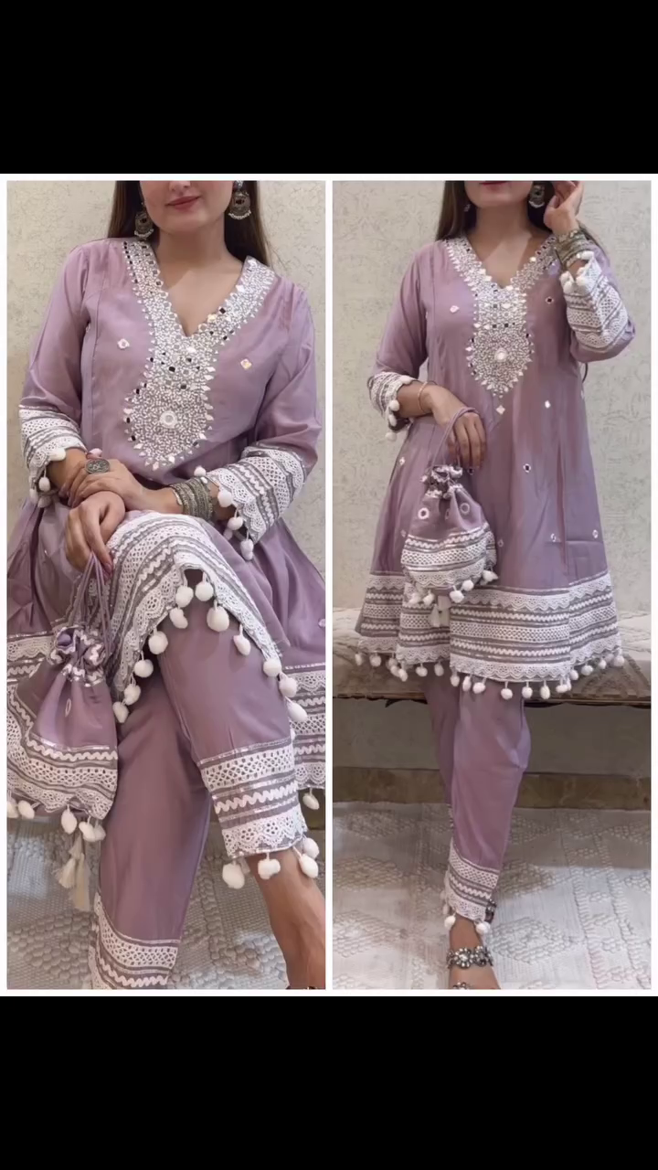 Mauve Mirror Work Kurta Set with Intricate Lace Detailing and Pom-Pom Accents – Festive and Ethnic Wear for Women - Image 2