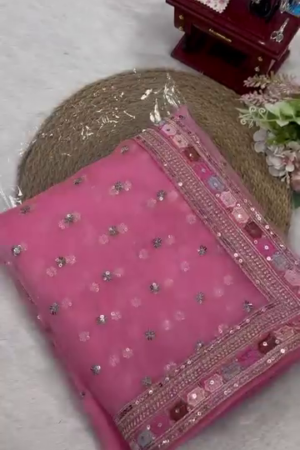 Pink Designer Net Saree with Intricate Mirror and Sequin Work, Heavy Embroidered Blouse, and Premium Embellished Border – Ideal for Weddings, Parties, and Traditional Celebrations