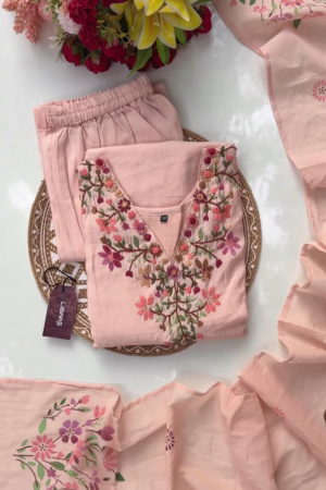 Peach Pink Cotton Kurta Set with Intricate Multicolor Floral Embroidery on Neckline and Sleeves, Paired with Matching Bottoms and Printed Dupatta – Perfect for Festive and Casual Wear