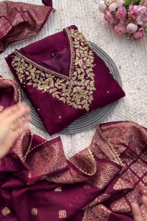 Maroon Silk Embroidered Salwar Suit Set with Intricate Zari Work, Designer Neckline and Banarasi Dupatta for Festive and Wedding Occasions